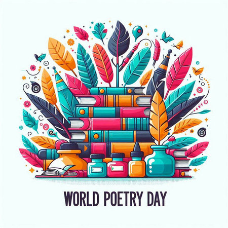 World poetry day poster with books, feather and ink. Vector illustrationのイラスト素材