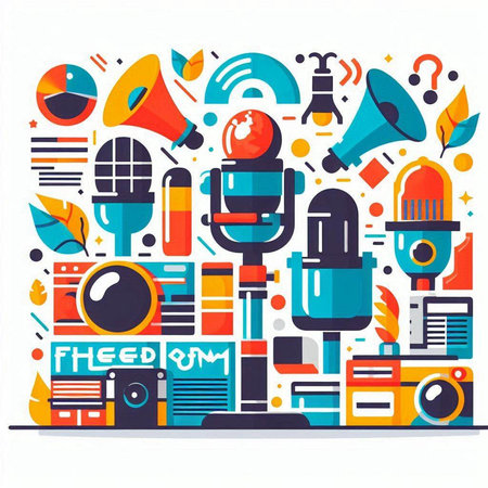 Colorful flat design vector illustration concept of sound recording studio equipment, microphone, speaker and other equipment.のイラスト素材