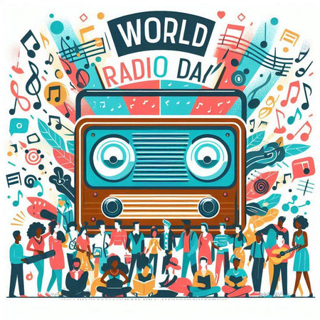 World Radio Day. People listening to music and dancing. Vector illustration.のイラスト素材