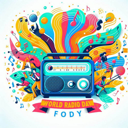 World Radio Day. Vector illustration of music festival with colorful musical notes and retro radio.のイラスト素材