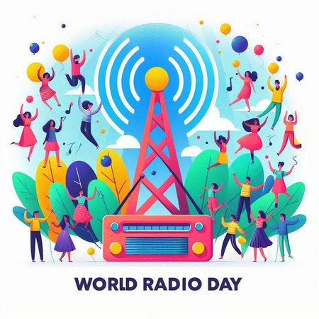 World Radio Day concept. Group of people and radio tower. Vector illustrationのイラスト素材