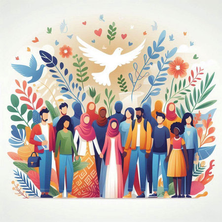 Vector illustration of a group of people on the background of nature.のイラスト素材