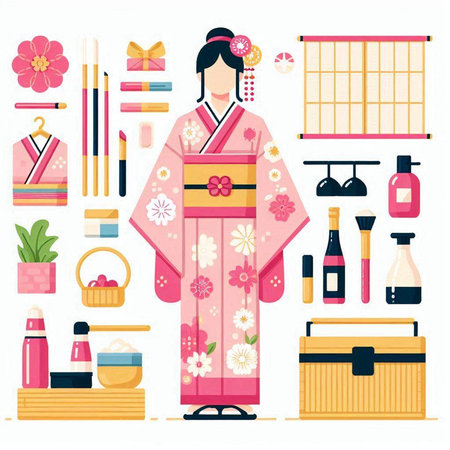 Japanese kimono set. Vector illustration in a flat style.のイラスト素材
