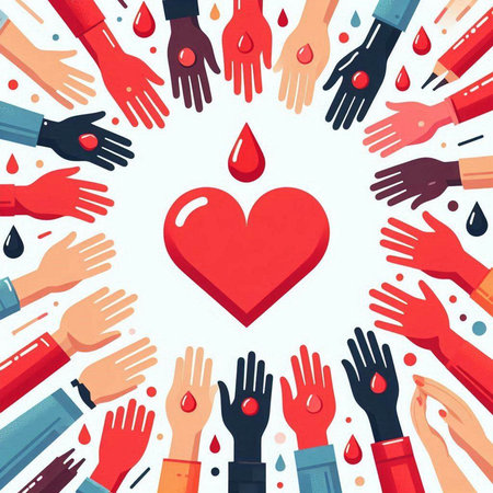 Blood donation concept. Hands reaching for red heart. Vector illustration.のイラスト素材