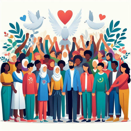 Vector illustration of a crowd of people with different nationalities and religions.のイラスト素材