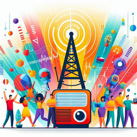 Radio tower with people around it. Radio broadcasting concept. Vector illustrationのイラスト素材