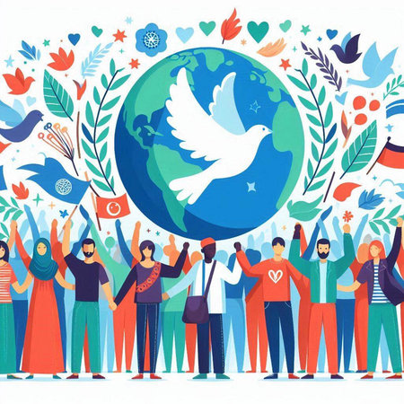 International Day of Peace concept. Group of people with peace dove. Vector illustrationのイラスト素材