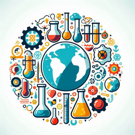 Science and technology concept with globe and gear icons. Vector illustration.のイラスト素材