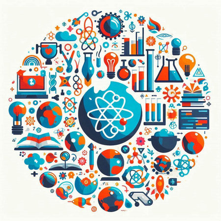 Science background with icons and symbols in circle shape, vector illustration.のイラスト素材