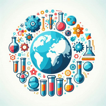 Science and education round composition with globe and science icons. Vector illustration.のイラスト素材