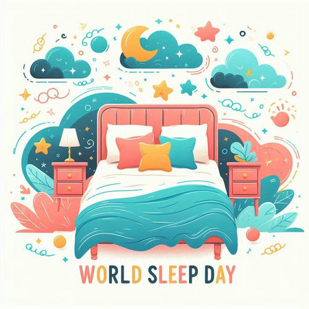 World Sleep Day poster with bed and pillows. Vector illustration.のイラスト素材