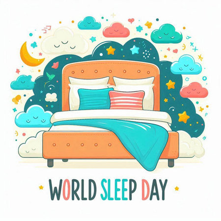 World Sleep Day. Hand drawn vector illustration with cute cartoon bed.のイラスト素材