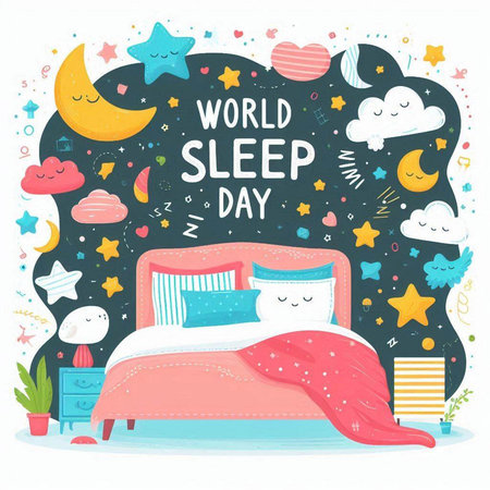 World Sleep Day. Hand drawn vector illustration in cartoon style. Design for banner, poster or print.のイラスト素材