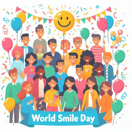 World Smile Day banner with group of smiling people. Vector illustration.のイラスト素材