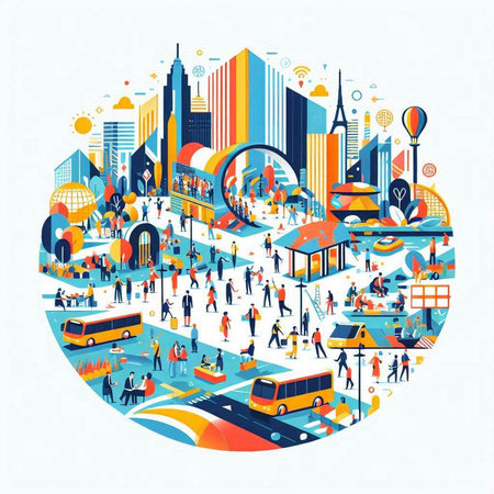 City life with people and transport. Vector illustration in flat style.のイラスト素材