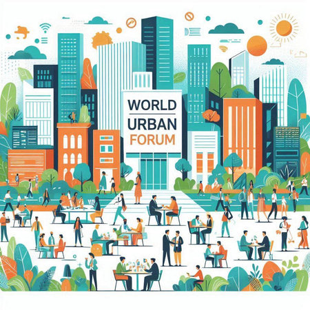 Vector illustration of a modern city with people. Flat style design.のイラスト素材