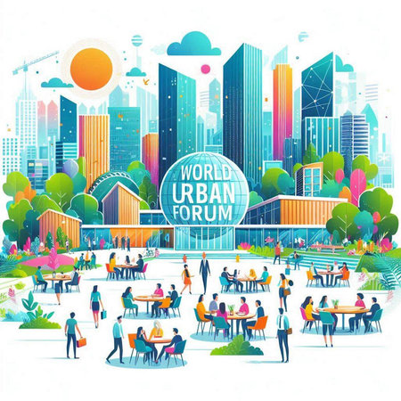Urban landscape with people in the park. Vector illustration for your designのイラスト素材