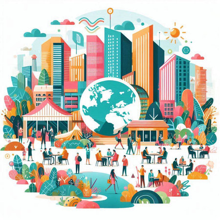 Illustration of people walking around the city with the globe in the centerのイラスト素材
