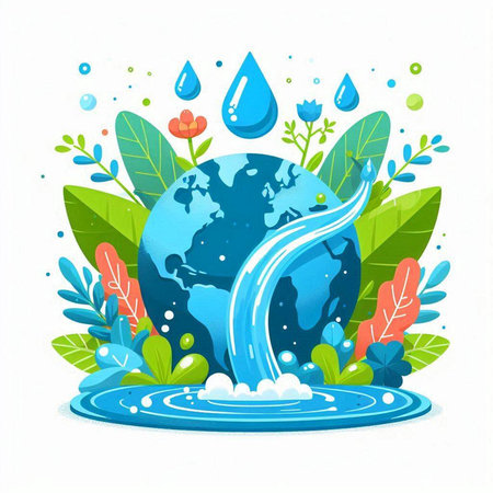 Save the planet concept with water drop and world map. Vector illustration.のイラスト素材