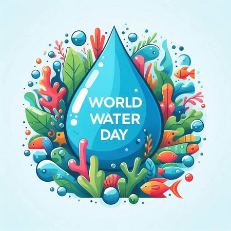 World Water Day poster with water drop and algae. Vector illustration.のイラスト素材