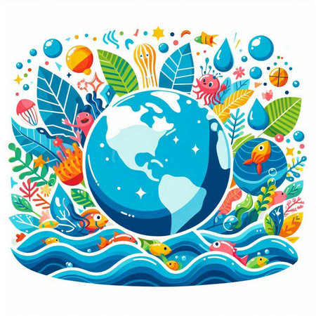 Illustration of planet earth surrounded by tropical plants and animals - vectorのイラスト素材