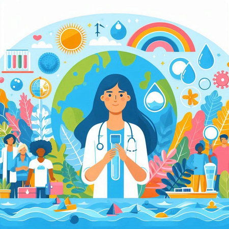 Woman doctor with stethoscope, world map and people. Vector illustrationのイラスト素材