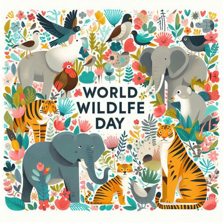 World Wild Life Day greeting card with cute animals. Vector illustration.のイラスト素材