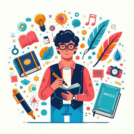 Vector illustration with a young man in glasses reading a book. Education concept.のイラスト素材