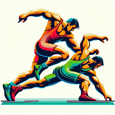 Vector illustration of two men running in a race. Sport and fitness concept.のイラスト素材