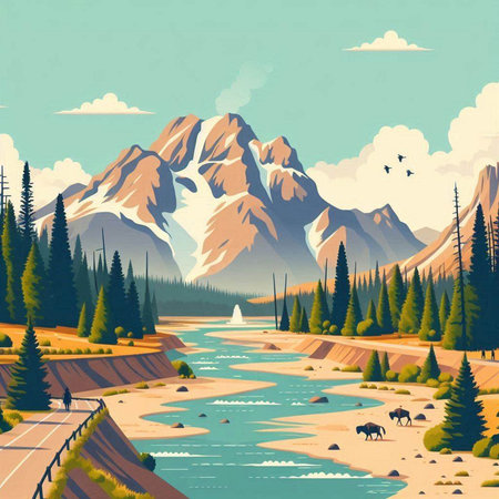 Nature landscape with mountains, river and forest. Vector illustration in retro styleのイラスト素材
