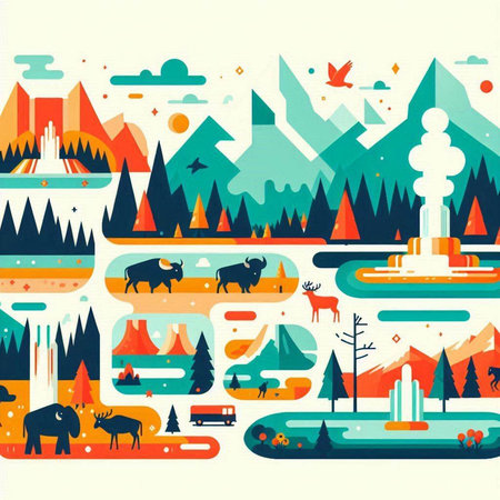 Landscape with mountains, trees and animals. Vector illustration in flat styleのイラスト素材