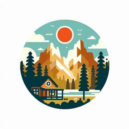 Mountain landscape with house, trees and lake. Vector illustration.のイラスト素材