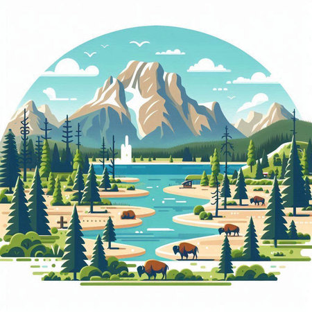 Mountain landscape with forest and lake. Vector illustration in flat styleのイラスト素材