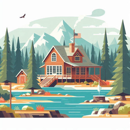 Wooden house on the shore of the lake. Vector illustration.のイラスト素材