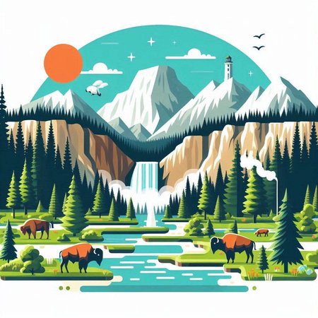 Landscape with mountains, trees, lake and cows. Vector illustration.のイラスト素材