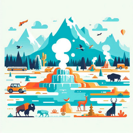 Landscape with mountains, forest and animals. Vector illustration in flat styleのイラスト素材