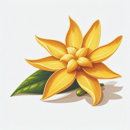 Illustration of a yellow flower with leaves on a white background.のイラスト素材