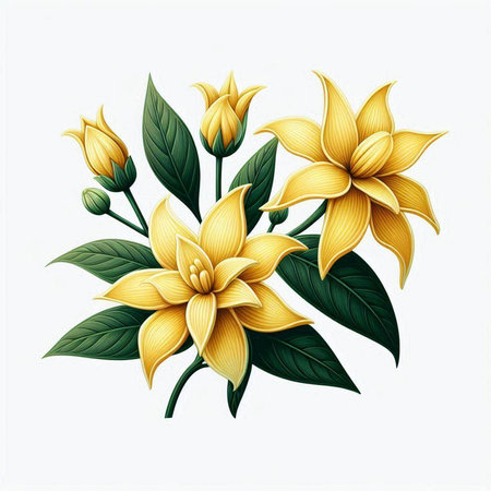 Illustration of yellow flowers with green leaves isolated on white background.のイラスト素材