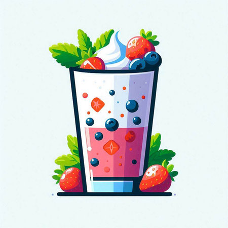 Strawberry smoothie in a glass with berries and whipped cream. Vector illustration.のイラスト素材