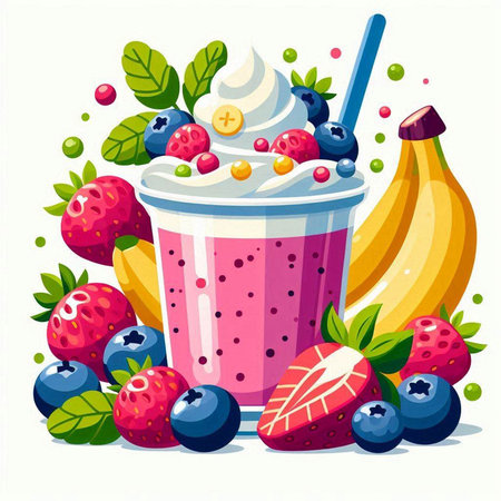 Strawberry smoothie with whipped cream and fresh berries. Healthy food. Vector illustrationのイラスト素材