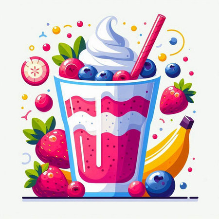 Blueberry smoothie with whipped cream and fresh berries. Vector illustration.のイラスト素材