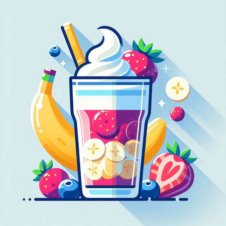 Vector illustration of a smoothie with strawberries, bananas and whipped cream in a glassのイラスト素材