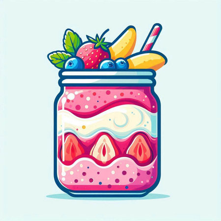 Vector illustration of strawberry and blueberry smoothie in glass jar.のイラスト素材