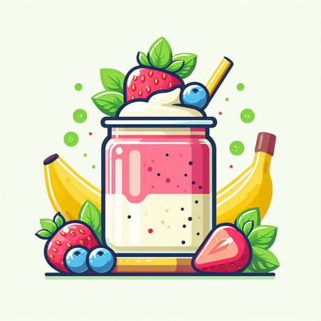 Fruit smoothies in a jar with strawberries, bananas, blueberries and mint. Vector illustration.のイラスト素材