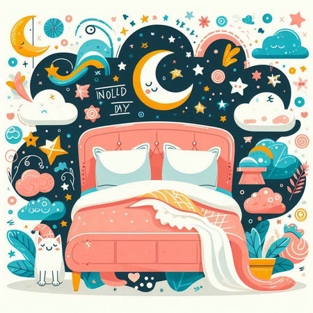 Vector illustration of bed with pillows, cat, moon and stars.のイラスト素材