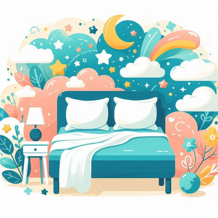 Vector illustration of bedroom with bed, pillow, lamp, cloud, moon and stars. Cartoon style.のイラスト素材