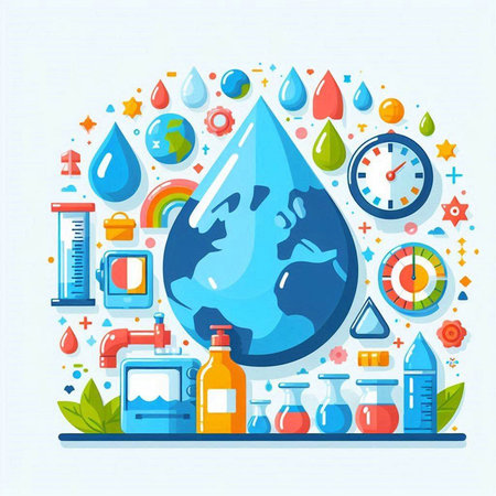 Save water concept. Vector illustration in flat style with water drop and iconsのイラスト素材
