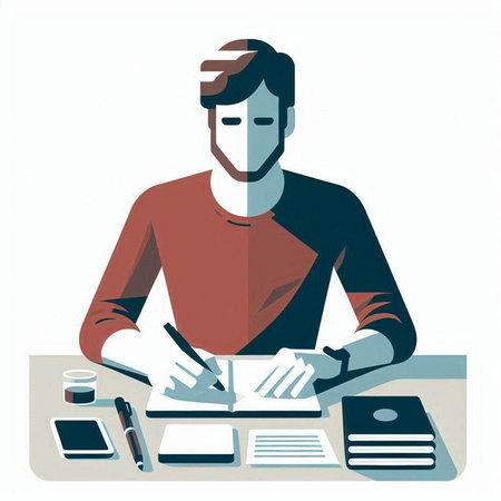Man sitting at the desk and writing in notebook. Vector illustration.のイラスト素材