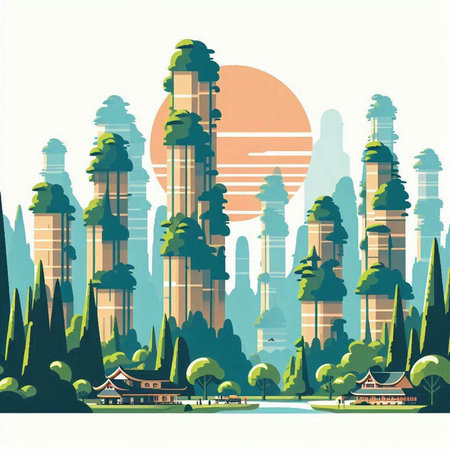 City landscape with skyscrapers and trees. Vector illustration in flat styleのイラスト素材