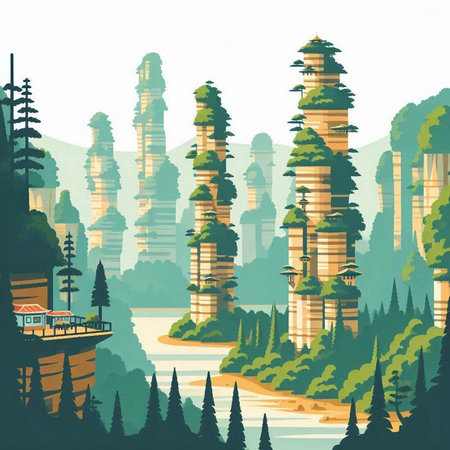 Mountain landscape with river and high-rise buildings in cartoon styleのイラスト素材